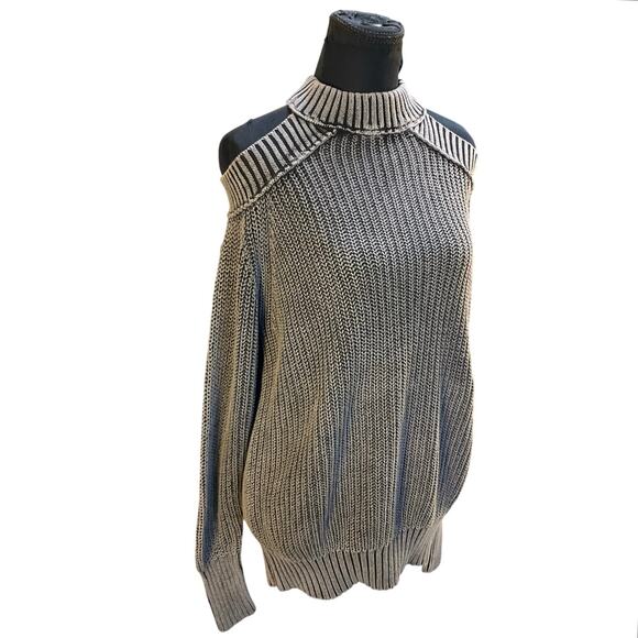 Free People Cold Shoulder Turtleneck Sweater XS Gray Ribbed Knit Slouchy - Picture 2 of 7